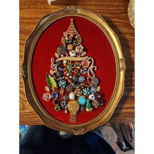 Vintage Gold Oval Framed Jewelry Christmas‎ Tree, Red Velvet Back, Wall Hanging